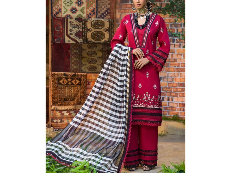 Embroidered EID Lawn Dress 2024 with Printed Chiffon Dupatta