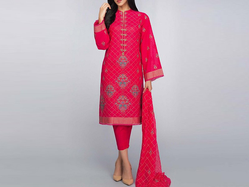 Embroidered EID Lawn Dress 2024 with Printed Chiffon Dupatta