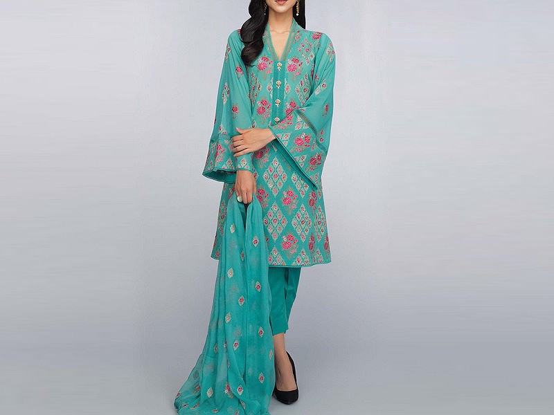 Embroidered EID Lawn Dress 2024 with Printed Chiffon Dupatta