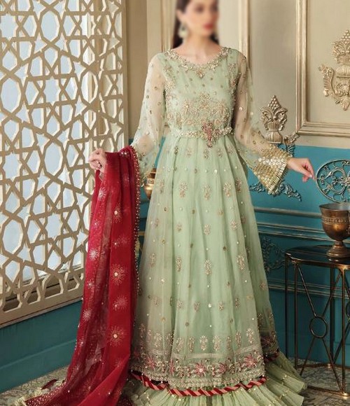Handwork Heavy Embroidered Chiffon Wedding Dress 2022