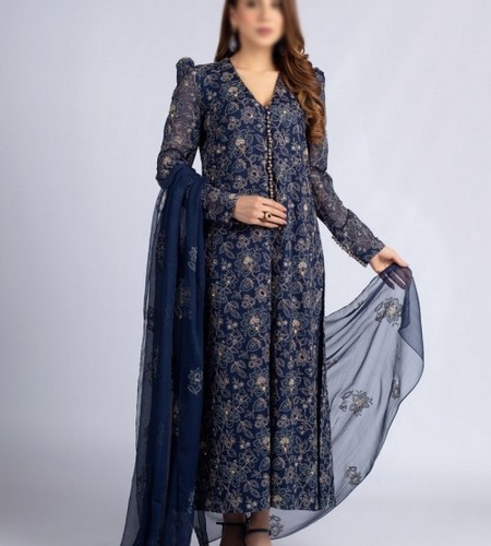 Embroidered Net Party Wear Dress with Jamawar Trouser