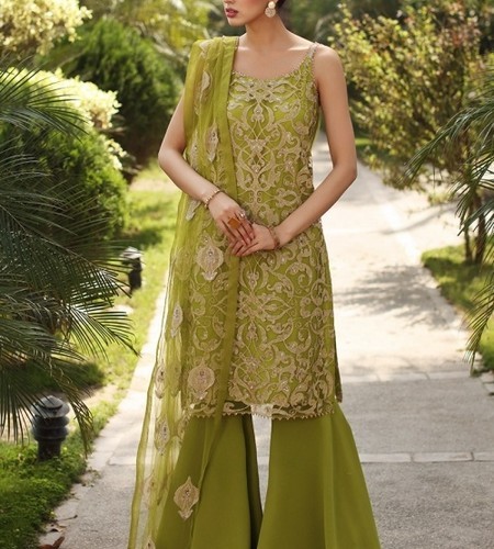 Luxury Heavy Embroidered Net Wedding Dress with Emb. Silk Trouser