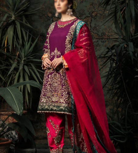 Heavy Embroidered Chiffon Bridal Dress with Embroidered Silk Trouser