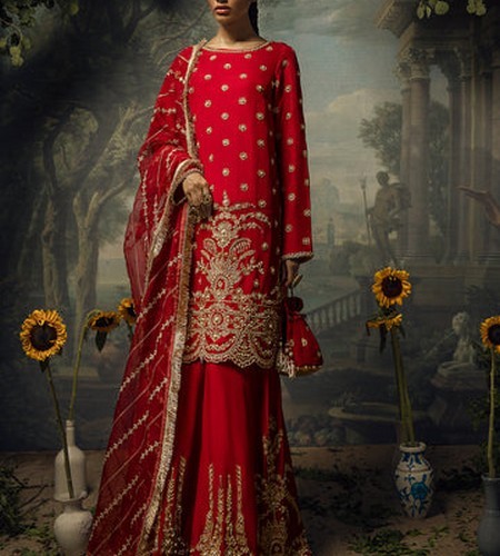 Heavy Embroidered Chiffon Bridal Dress with Embroidered Silk Trouser