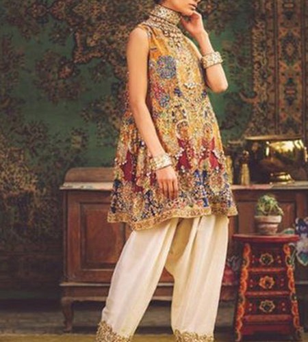 Heavy Embroidered Chiffon Bridal Dress with Embroidered Silk Trouser