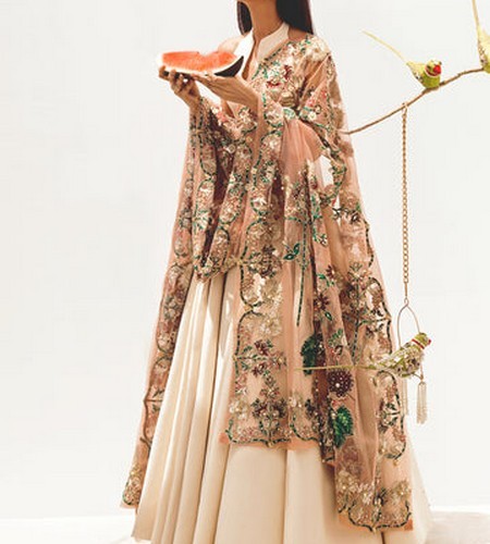 Heavy Embroidered Chiffon Bridal Dress with Embroidered Silk Trouser