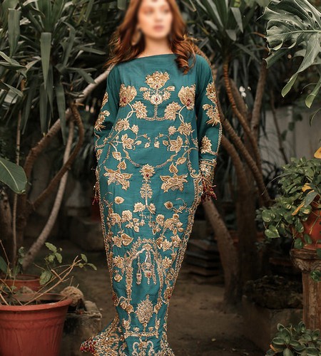 Heavy Embroidered Chiffon Bridal Dress with Embroidered Silk Trouser