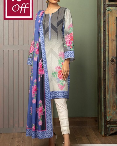 Embroidered EID Lawn Dress 2024 with Printed Chiffon Dupatta