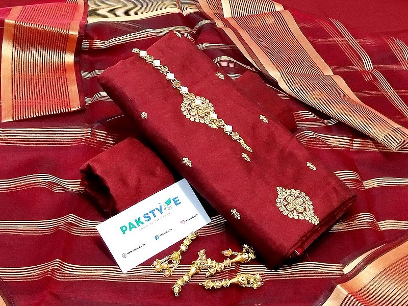 Banarsi Style Raw Silk Dress with Printed Organza Dupatta