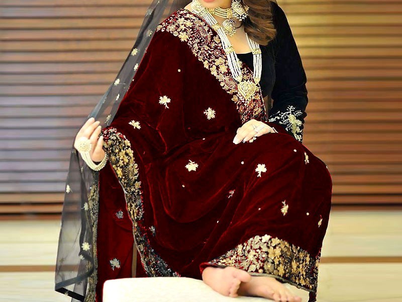Heavy Embroidered Maroon Bridal Velvet Shawl