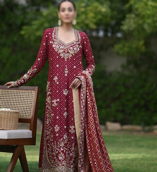 Elegant Embroidered Maroon Chiffon Party Dress 2024