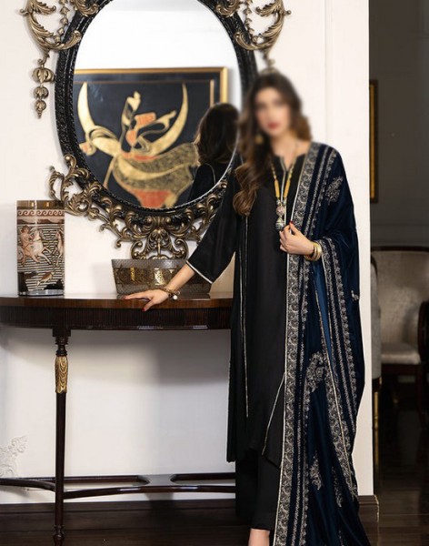 Indian Embroidered Navy Blue Chiffon Saree