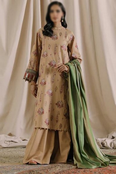Fancy Sequins Embroidered Shamoz Silk Dress with Embroidered Chiffon Dupatta