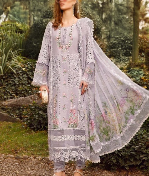 Luxurious Schiffli Embroidered Lawn Dress with Printed Silk Dupatta