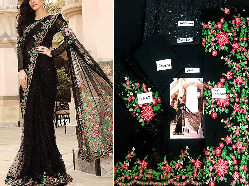 Delicate Heavy Sequins Embroidered Black Chiffon Saree