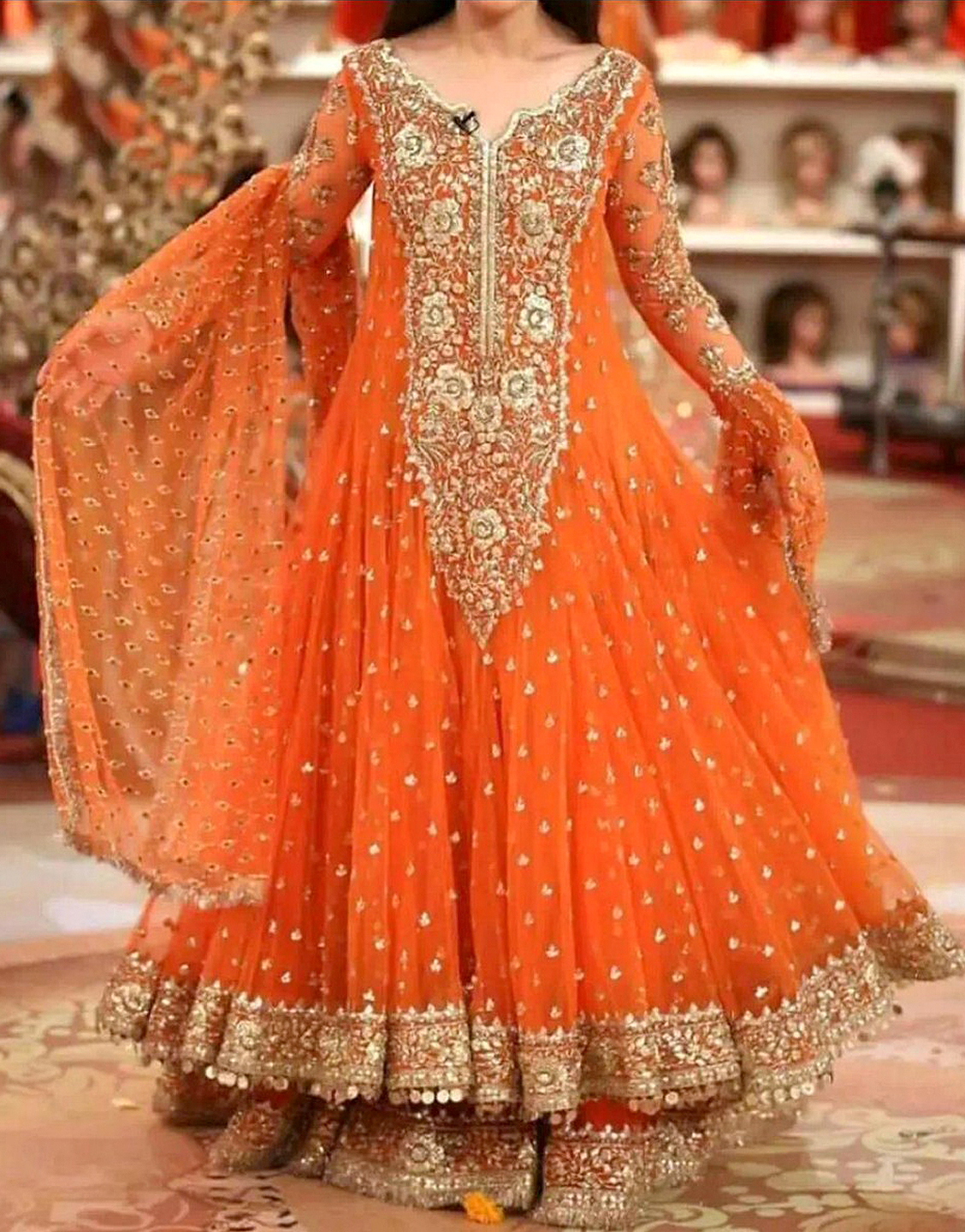 Embroidered Chiffon Orange Maxi Dress  Price  in Pakistan  