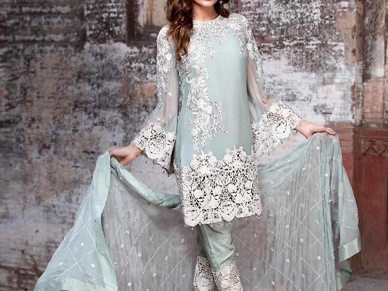 Heavy Embroidered Navy Blue Chiffon Wedding Dress with Net Dupatta Price in Pakistan