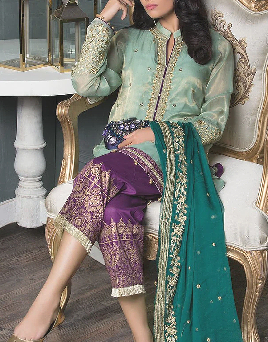 Mirror Work Embroidered Masoori Dress with Embroidered Organza Dupatta Price in Pakistan