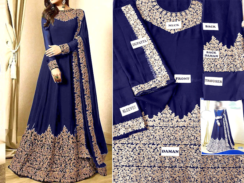 Indian Embroidered Navy Blue Chiffon Maxi Dress