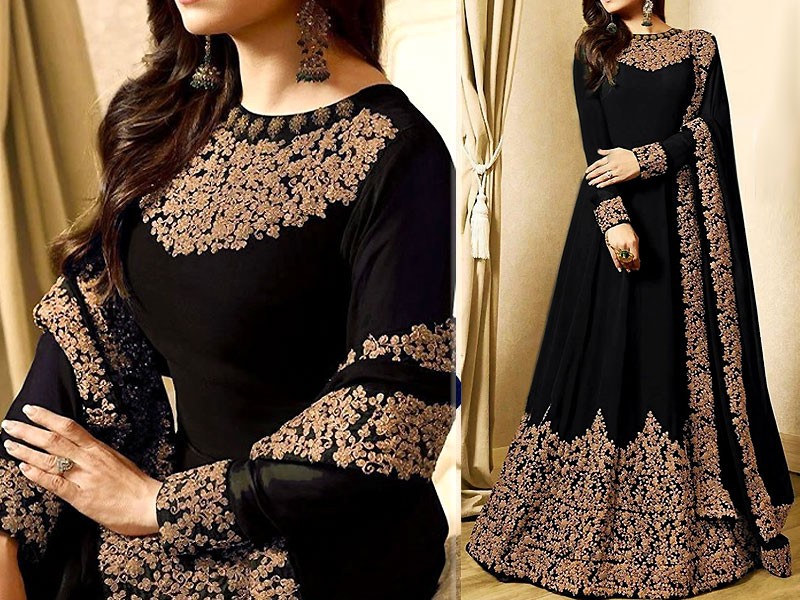 Indian Embroidered Black Chiffon Maxi Dress