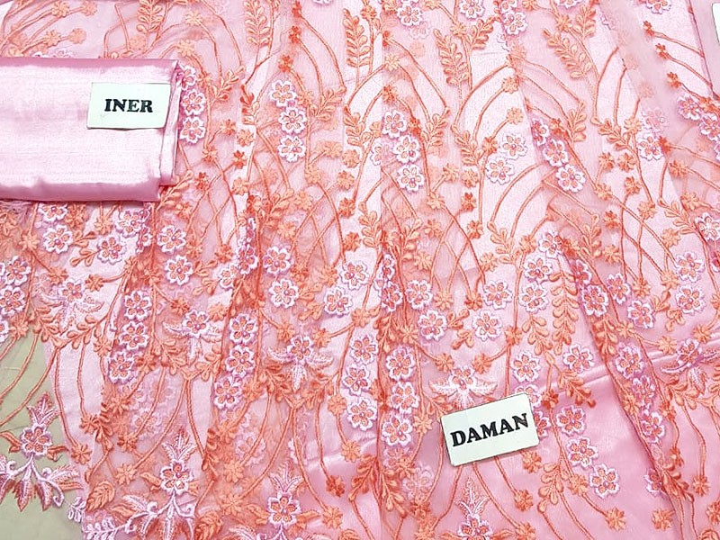 Handwork & Heavy Embroidered Pink Net Maxi Dress