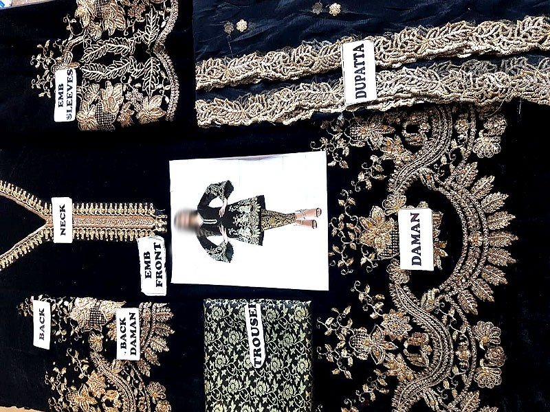 Heavy Embroidered Black 3-Pcs  Velvet Dress with Net Dupatta