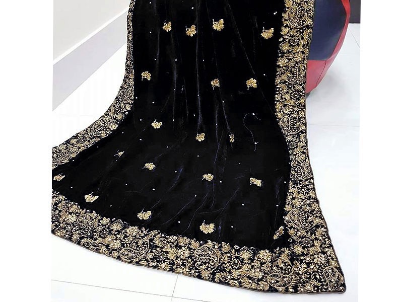 Elegant Embroidered Black Bridal Velvet Shawl