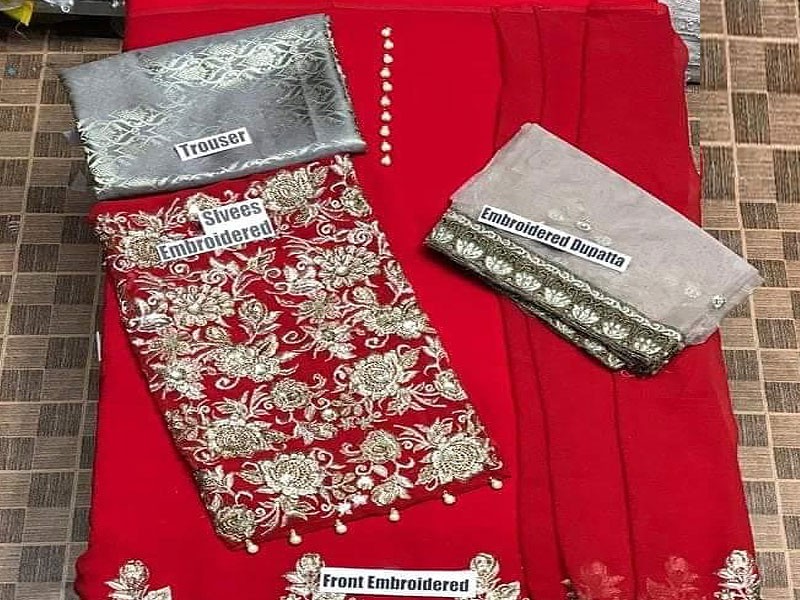 Embroidered Red Chiffon Dress with Net Dupatta