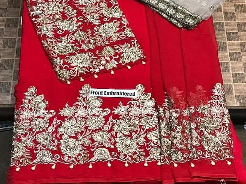 Embroidered Red Chiffon Dress with Net Dupatta