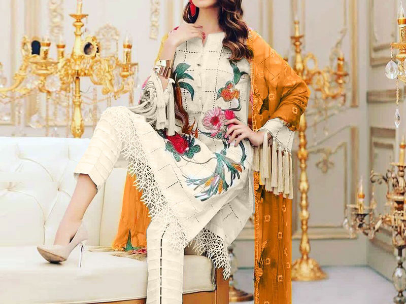 Luxury Embroidered Chikankari Lawn Dress with Chiffon Dupatta