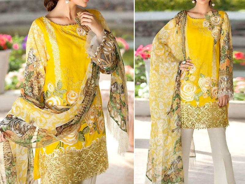 Elegant Embroidered Yellow Lawn Dress with Chiffon Dupatta