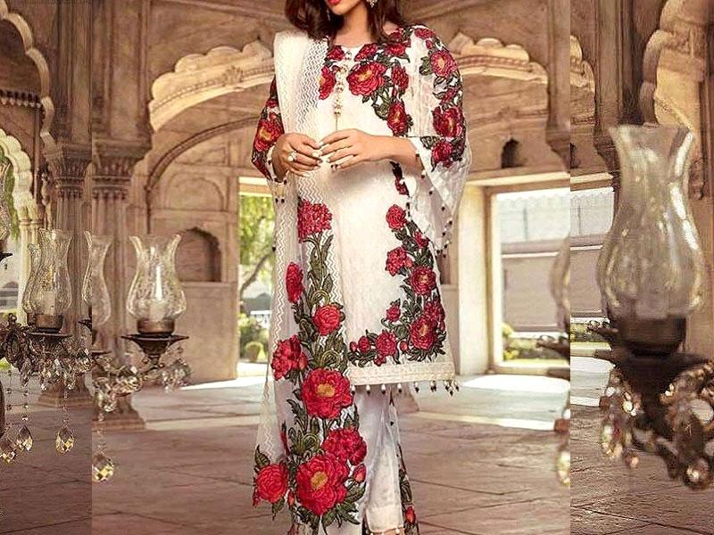 Handwork Embroidered White Chiffon Party Dress with Net Dupatta Price in Pakistan