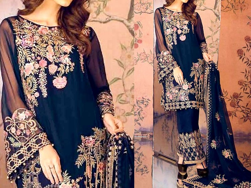 Decent Embroidered Navy Blue Chiffon Wedding Dress Price in Pakistan