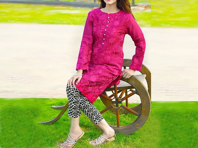 2-Pcs Sequins Embroidered Linen Dress with Embroidered Trouser