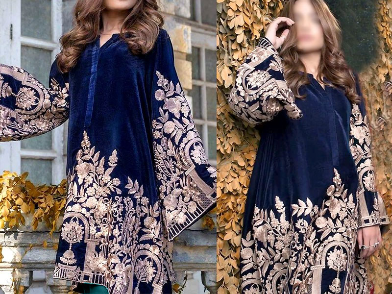 Heavy Embroidered Handwork Navy Blue Velvet Dress Price in Pakistan