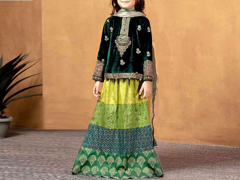 Kids 2-Pcs Embroidered Velvet Dress with Jamawar Lehenga