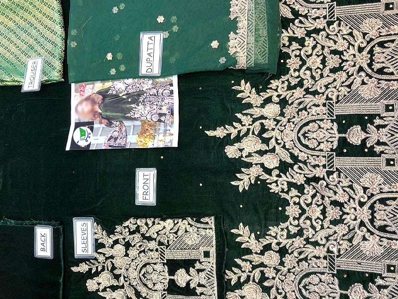 Heavy Embroidered Handwork Green Velvet Dress
