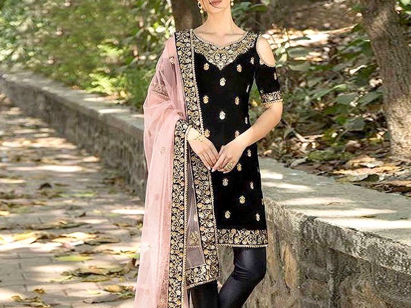 Adorable Embroidered Black Velvet Dress with Net Dupatta Price in Pakistan