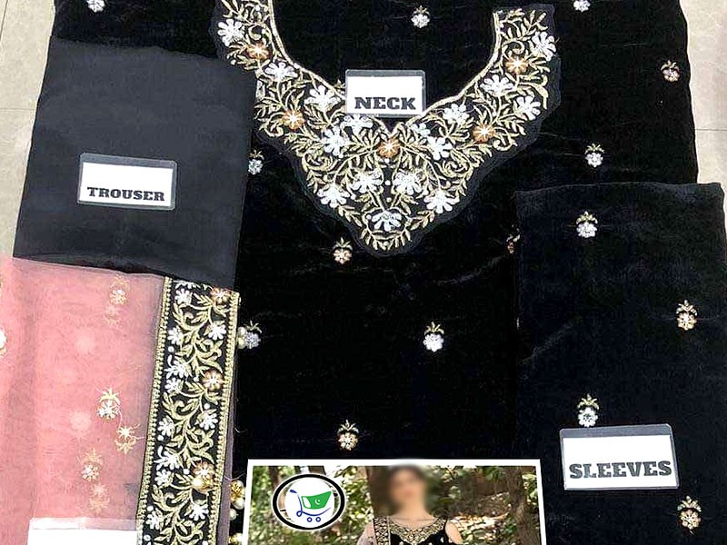 Embroidered Black Velvet Dress with Net Dupatta