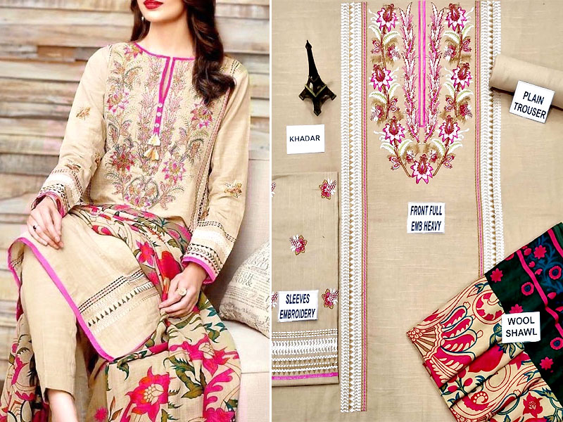 Heavy Front Panel Embroidered Khaddar Dress with Wool Shawl Dupatta