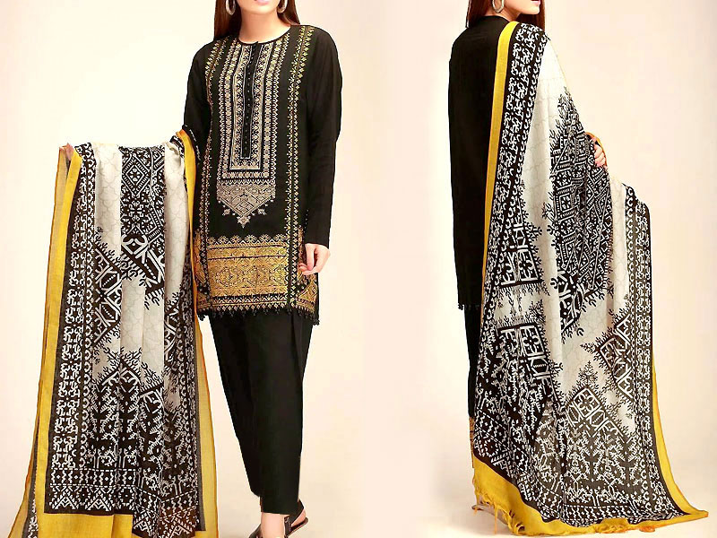 Embroidered Black Marina Dress with Wool Shawl Dupatta