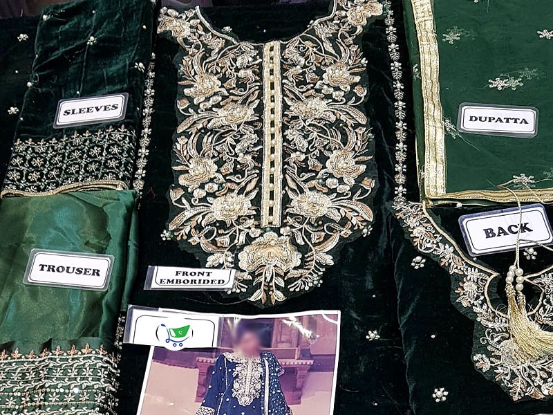 Heavy Embroidered Green Velvet Dress with Net Dupatta
