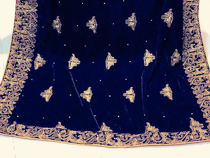 Heavy Embroidered Bridal Velvet Shawl - Navy Blue