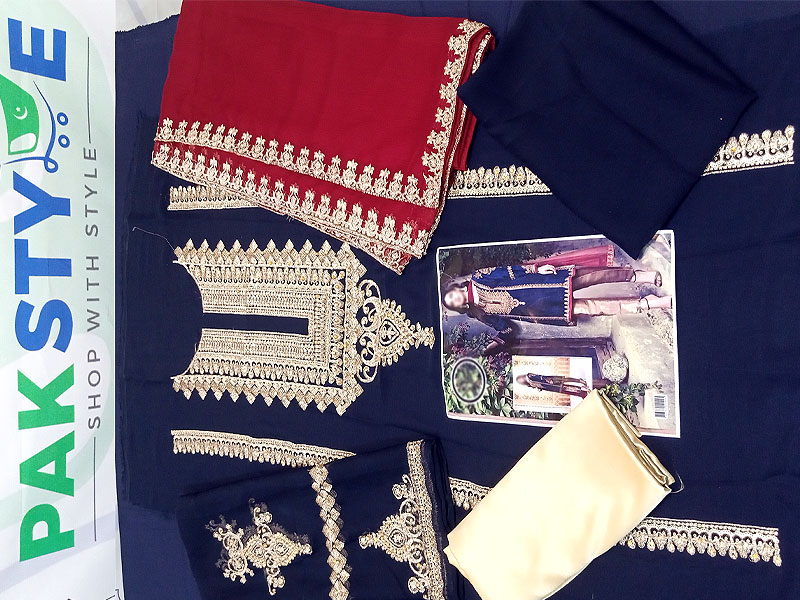 Embroidered Navy Blue Chiffon Dress with Silk Trouser
