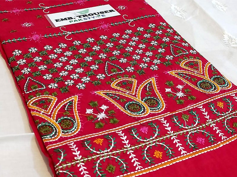 Trendy 2-Pcs Embroidered Cotton Lawn Dress with Red Phulkari Embroidered Trouser