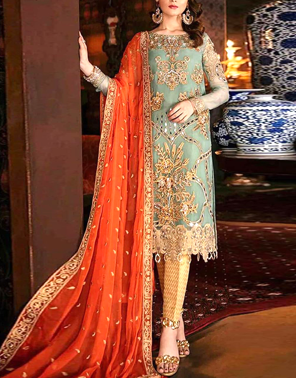 3D & Handwork Heavy Embroidered Ombre Style Chiffon Party Wear Dress 2022 Price in Pakistan