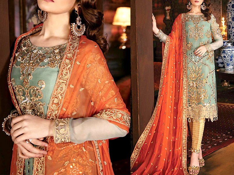 Heavy Mirror Work Embroidery Chiffon Wedding Dress with 4-Side Embroidered Dupatta
