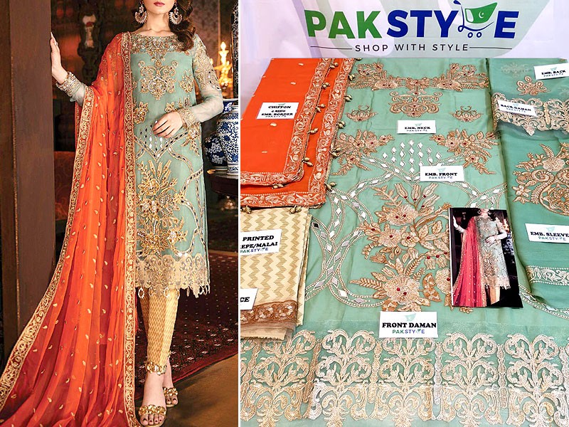 Heavy Mirror Work Embroidery Chiffon Wedding Dress with 4-Side Embroidered Dupatta