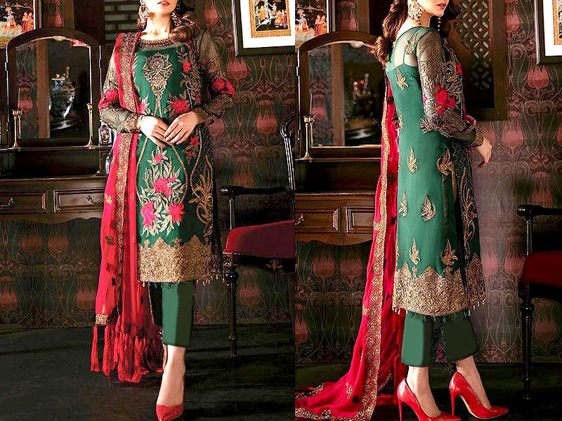 Cutwork Heavy Embroidered Red Chiffon Wedding Dress 2022 Price in Pakistan