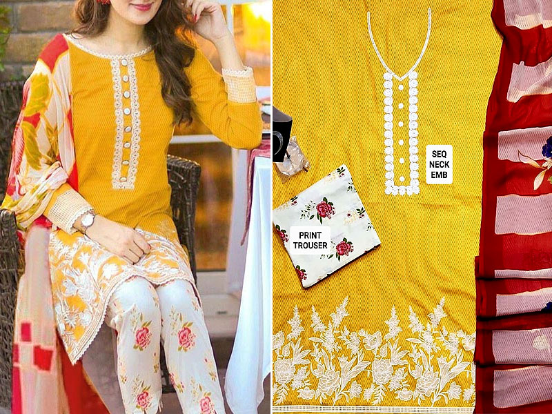 Hit Design Embroidered Lawn Suit with Chiffon Dupatta